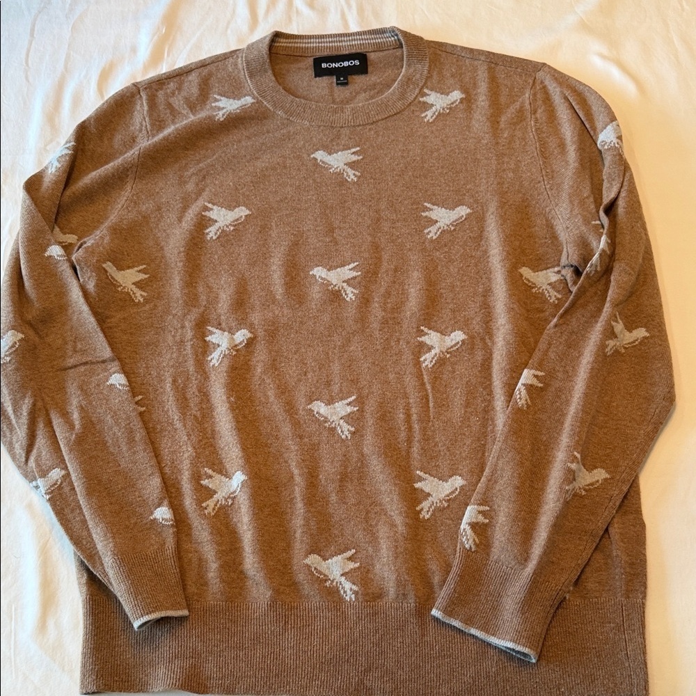 Bonobos Brown Crewneck Sweater with Bird Pattern